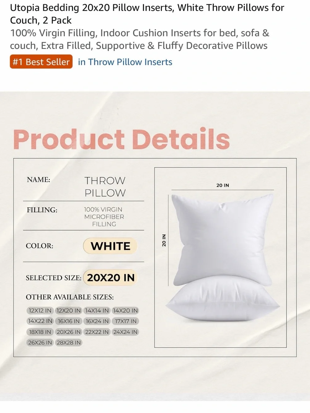 20x20 White Throw Pillow Insert - Plush Supportive Cushion - NIB